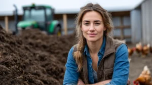 Eine weibliche Landwirtin in den USA kniet vor einem frischen Haufen Geflügelsitzstreuabfälle.