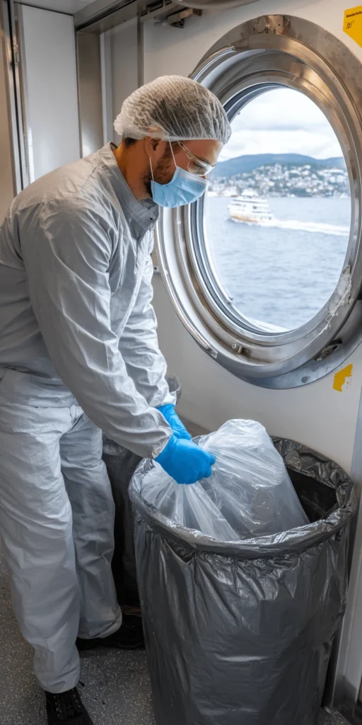 Cruise ship staff handling biohazards waste bag for waste processing with medi steam.