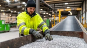 Male worker at German glass recycling facility inspecting finely crushed upcycled glass cullets.