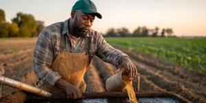 Regenerative farmer in the U.S. mixing iriigation tank with golden-brown liquid organic fertiliser for field application.