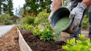 Resort staff in Switzerland applying finely crushed green upcycled glass sand into a raised garden bed.