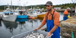 Fisherman at harbor in the northeastern US organising collected fish scraps for recycling